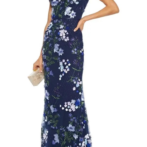 Marchesa Notte Cold-Shoulder Lattice Embroidered Gown w/ 3D Flowers - Picture 4 of 9